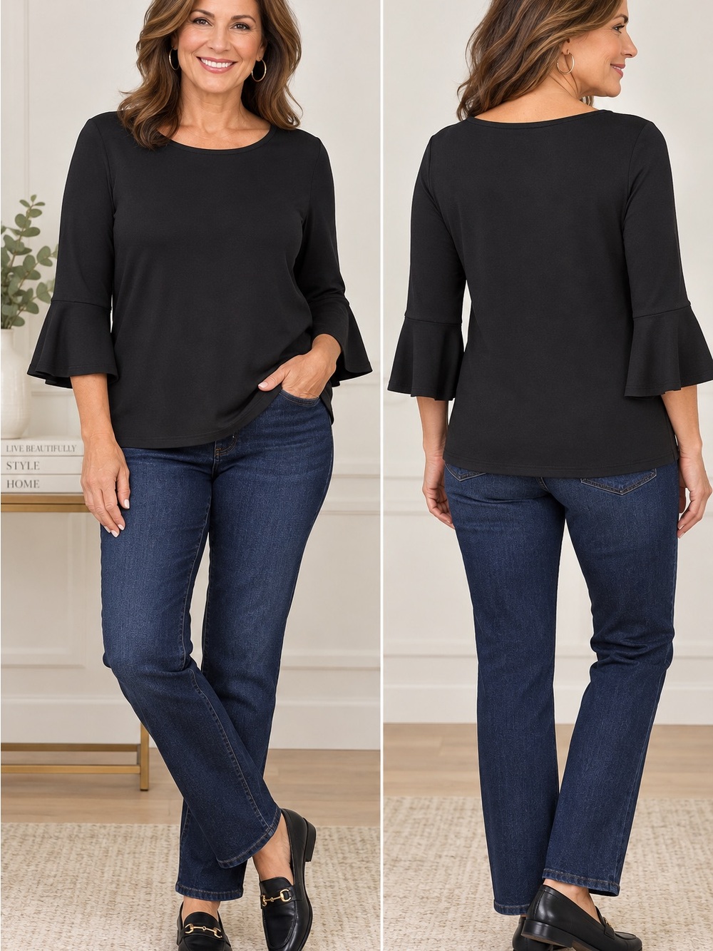 Chico’s Travelers Top Size 3 16/18 Black 3/4 Bell Sleeve Ruffle Cuff Stretch